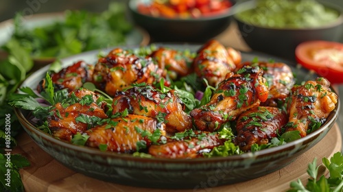 Tender Buffalo wings glazed in a savory sauce, paired beautifully with a crisp green salad, offering a perfect balance of spice and freshness on a decorative platter.