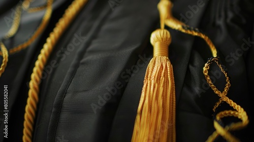 A black graduation gown with a gold tassel and a master's degree hood, signifying advanced achievement photo