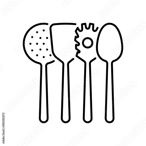 Kitchen utensils, line icon. Skimmer, pasta spoon, spatula, server spoon. Kitchen utensils for preparing food. Kitchen supplies shop concept. Editable thin stroke.