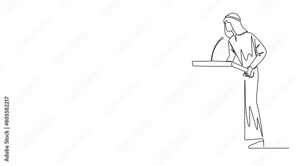 Animation of one line drawing of single one line drawing Arabian businessman speech standing at podium. Oration that world business can be more independent. Encourage through words. Full length motion Animation of one line drawing of single one line drawing Arabian businessman speech standing at podium. Oration that world business can be more independent. Encourage through words. Full length motion