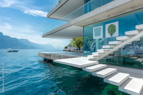 Eco-Friendly Waterfront Property with Floating Stairs and White Art Gallery Above Azure Sea © Ghulam