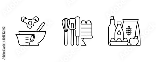 Baking icon set. Mixing bowl, measuring cup, dough, cookies, supplies, whisk, spatula, cake, stand, milk, oil, egg, flour. Homemade pastry concept. Linear illustration, editable stroke.