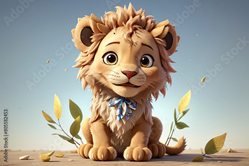 A cartoon lion cub is sitting on the ground in a forest