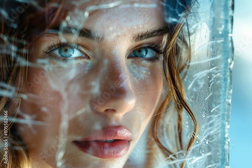 Portrait of a young beautiful girl with green eyes behind cracked wet glass. Generated by artificial intelligence