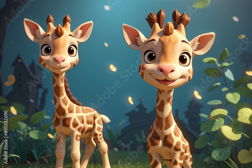 A cartoon giraffe is standing in a grassy field with trees in the background