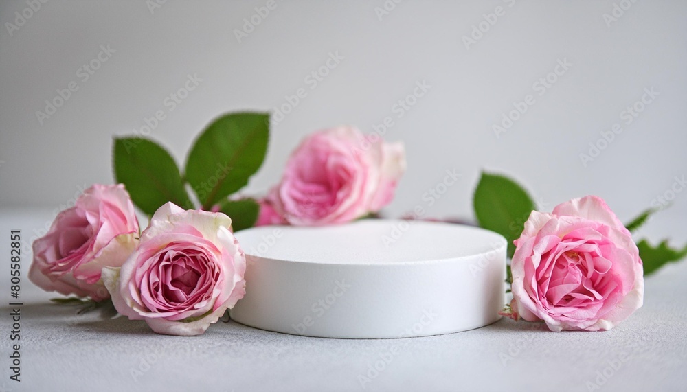 empty white podium and pink roses on light grey background minimal mockup round showcase for cosmetic product advertising abstract display or stage spa and beauty concept front view copy space