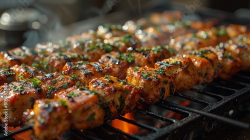 Close-up of delicious grilled chicken skewers garnished with herbs over an open flame  perfect for summer barbecues. Juicy Grilled Chicken Skewers Close-up
