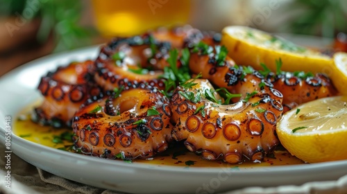 Grilled Octopus with Lemon and Herbs on White Plate. Perfectly grilled octopus served on a white plate, seasoned with black sesame seeds, fresh parsley, and lemon, offering a Mediterranean touch.