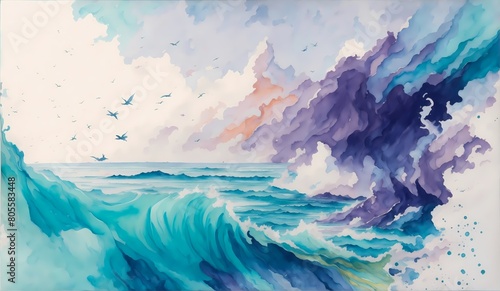 watercolor abstract neon hues of blue pink. A mesmerizing painting capturing the movement of a fluid wave in the ocean.