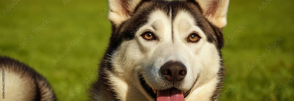 Portrait of a happy Dog against the backdrop of summer nature, walking a Husky, animal health, emotions, pet care
