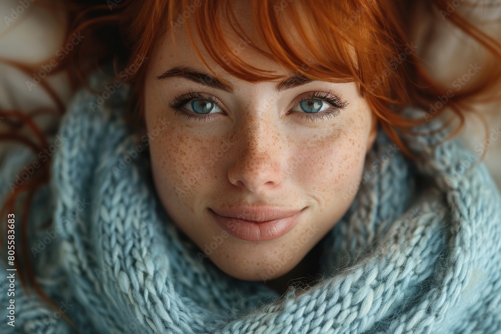 Warm and cozy image of a red-haired lady with freckles, wrapped up in a chunky knit blue scarf Warm and cozy image of a red-haired lady with freckles, wrapped up in a chunky knit blue scarf