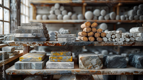 Construction building materials and industrial supplies such as bricks, woods and pipes stacked and arranged for sale 