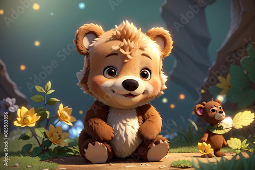 A cartoon bear is sitting in a field of flowers