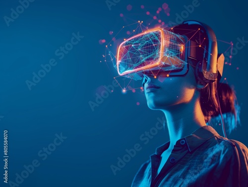 Neural lowpoly AI futuristic neon network of a woman wearing VR headset © FreyStudios