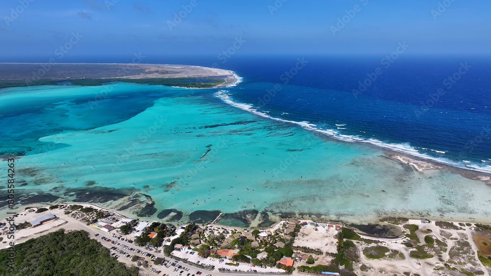 Sorobon Beach At Kralendijk In Bonaire Netherlands Antilles. Island Beach. Blue Sea Landscape. Kralendijk At Bonaire Netherlands Antilles. Tourism Background. Nature Seascape.