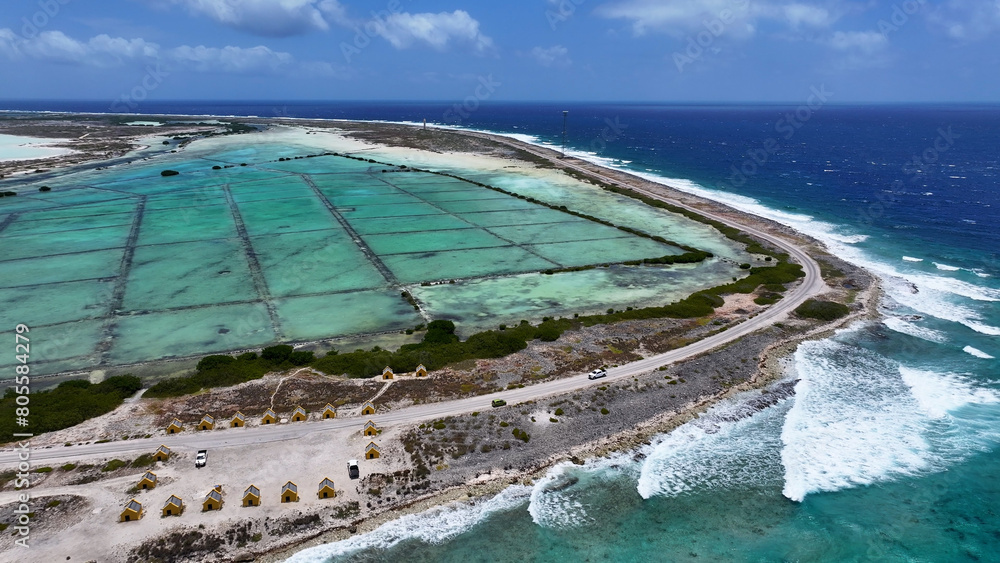 Fototapeta premium Bonaire Skyline At Kralendijk In Bonaire Netherlands Antilles. Beach Landscape. Caribbean Island. Kralendijk At Bonaire Netherlands Antilles. Seascape Outdoor. Nature Tourism.