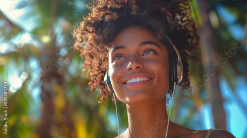 Woman With Headphones Standing in Front of Palm Trees