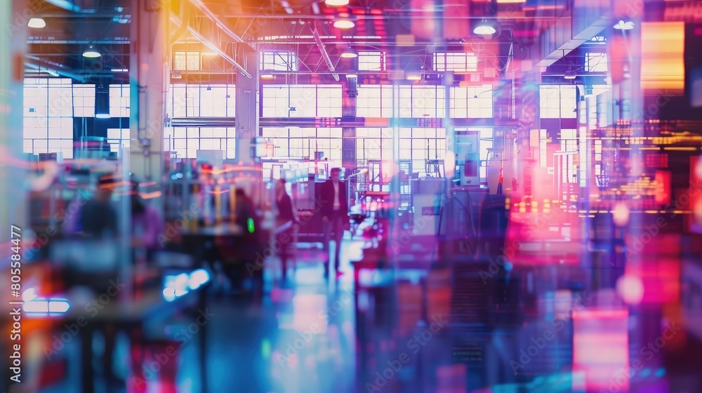 A blurry backdrop of a bustling software lab with the vibrant glow of digital displays and the hum of machines filling the space with energy and innovation