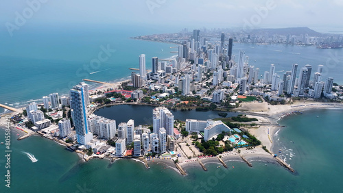 Modern Zone At Cartagena De India In Bolivar Colombia. Caribbean Cityscape. Downtown Background. Cartagena De India At Bolivar Colombia. Tourism Landscape. Walled City Landmark. photo