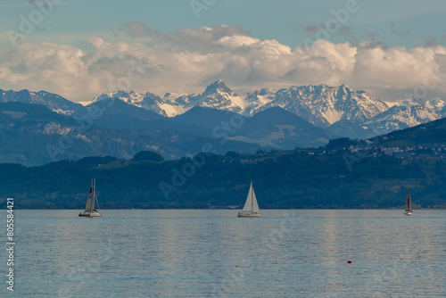 Panoramic view of the Alps from the German coast of Bodensee