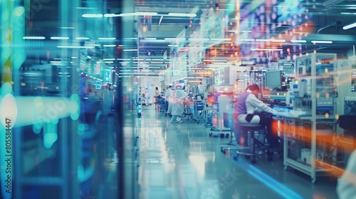 A blurry backdrop of a bustling software lab with the vibrant glow of digital displays and the hum of machines filling the space with energy and innovation © Ahtesham