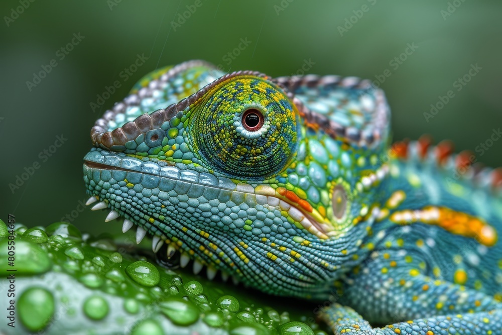 Obraz premium A closeup shot capturing the vibrant, colorful scales of a chameleon blending with the dewy green leaf it rests on, showcasing nature's tranquility