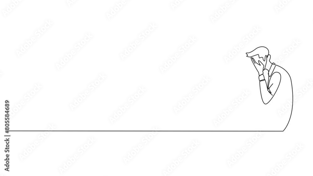 Self drawing animation of continuous one line drawing businessman sitting while covering face. A sad businessman bemoans the fate of business. Failure to develop business unit. Full length animated Self drawing animation of continuous one line drawing businessman sitting while covering face. A sad businessman bemoans the fate of business. Failure to develop business unit. Full length animated