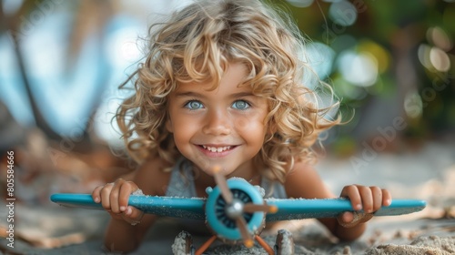 Little Boy Playing in Grass With Toy Airplane