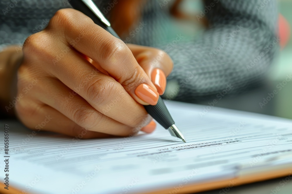 A detailed close-up display of a well-manicured hand, holding a pen above a document, showing elegance and sophistication A detailed close-up display of a well-manicured hand, holding a pen above a document, showing elegance and sophistication