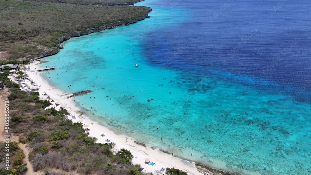 Porto Marie Beach At Willemstad In Netherlands Curacao. Island Beach. Blue Sea Landscape. Willemstad At Netherlands Curacao. Tourism Background. Nature Seascape.