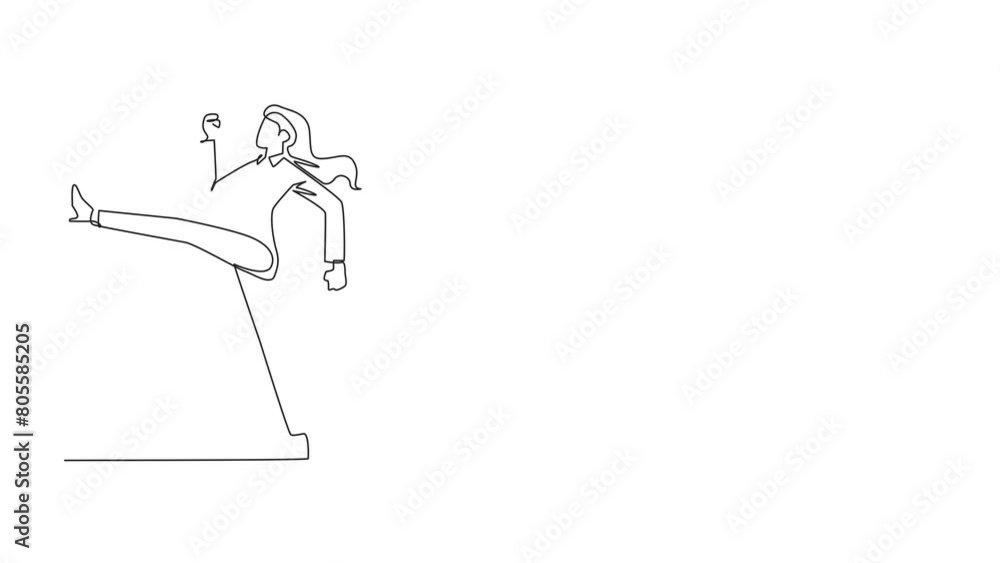 Animation of one line drawing of single one line drawing businesswoman doing kicking motion. Stretch before office hours start. A healthy way to stay focused on doing business. Full length motion Animation of one line drawing of single one line drawing businesswoman doing kicking motion. Stretch before office hours start. A healthy way to stay focused on doing business. Full length motion