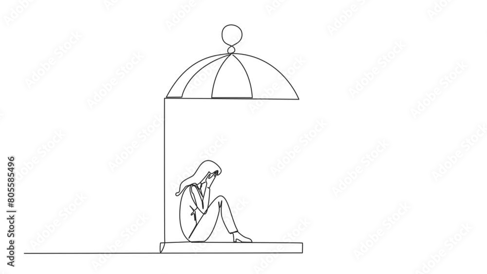 Animated self drawing of continuous one line drawing businesswoman trapped in cage sitting covering face. Feel utterly defeated. Trapped in a dirty business. Full length single line animation Animated self drawing of continuous one line drawing businesswoman trapped in cage sitting covering face. Feel utterly defeated. Trapped in a dirty business. Full length single line animation
