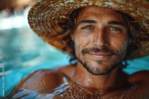 Smiling man with straw hat and clear blue water background enjoying the sun photo