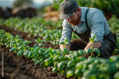 A focused farmer is closely inspecting the growth of his healthy basil plants in a sunlit field, demonstrating a hands-on approach to agriculture