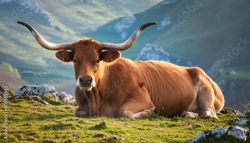 asturian roxa cow with curved horns in a meadow photo