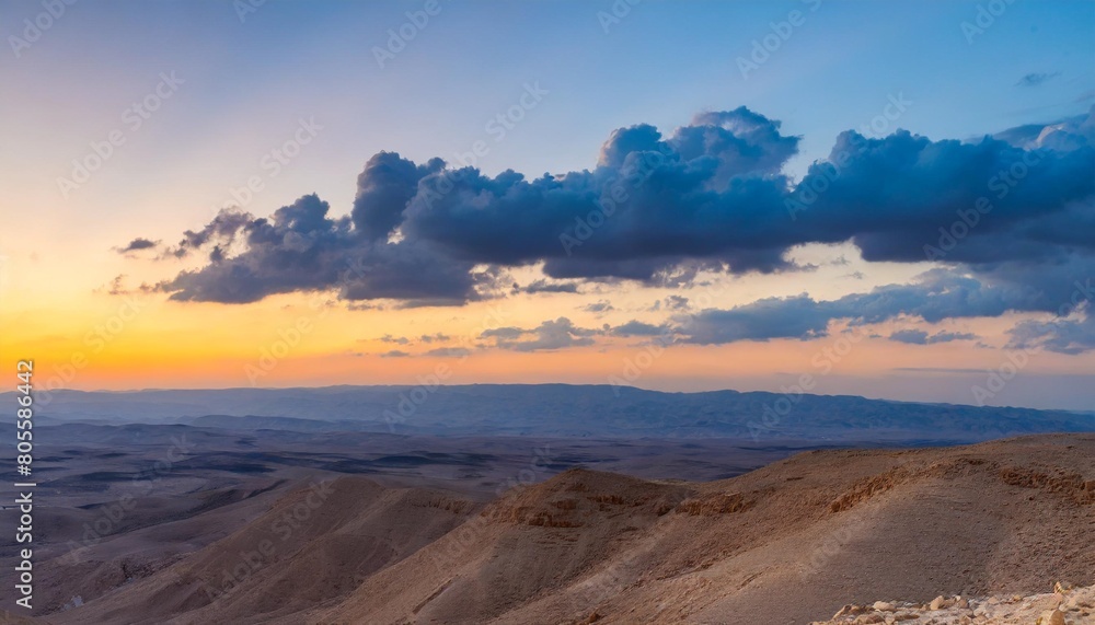 evening cloudy sky over mountain desert negev desert in israel at sunset