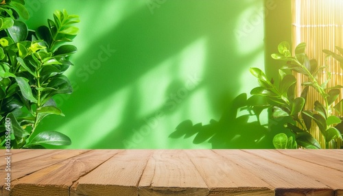 wood table green wall background with sunlight window create leaf shadow on wall with blur indoor green plant foreground