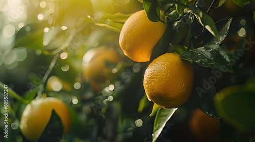 Fresh ripe oranges hanging on tree branches in sunlight. Natural, healthy fruit growing in orchard. Vibrant, fresh produce ready for harvest. AI