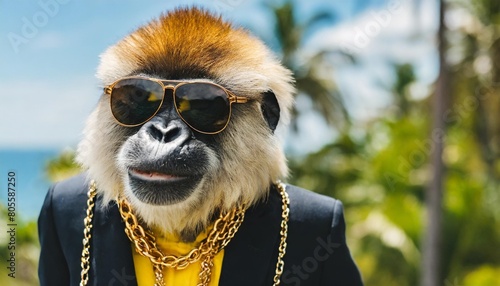 monkey in jacket and sunglasses with golden chains rapper or bandit gangster cool gorilla illustration generative ai photo
