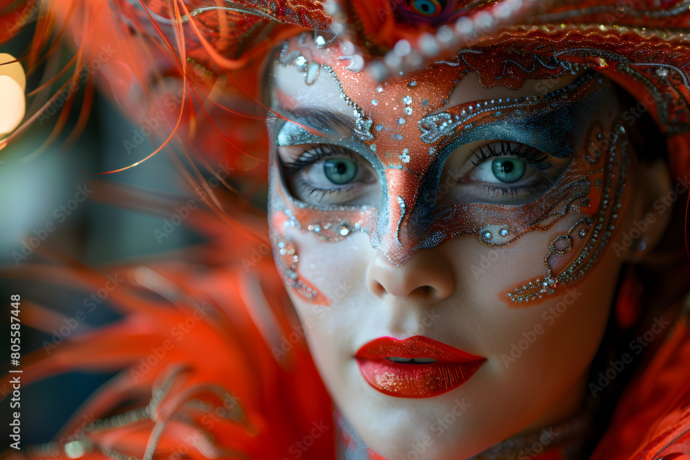 A lively portrayal of a young woman donning a feathered mask against a bright backdrop perfectly embodies the festive concept of Mardi Gras celebrations.