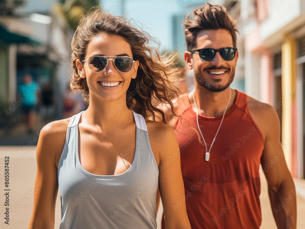 Attractive couple strolling in the city on the beach on a beautiful summer day. Handsome man and woman walking happily and smiling on a beautiful sunny day. Attractive couple strolling in the city on the beach on a beautiful summer day. Handsome man and woman walking happily and smiling on a beautiful sunny day.