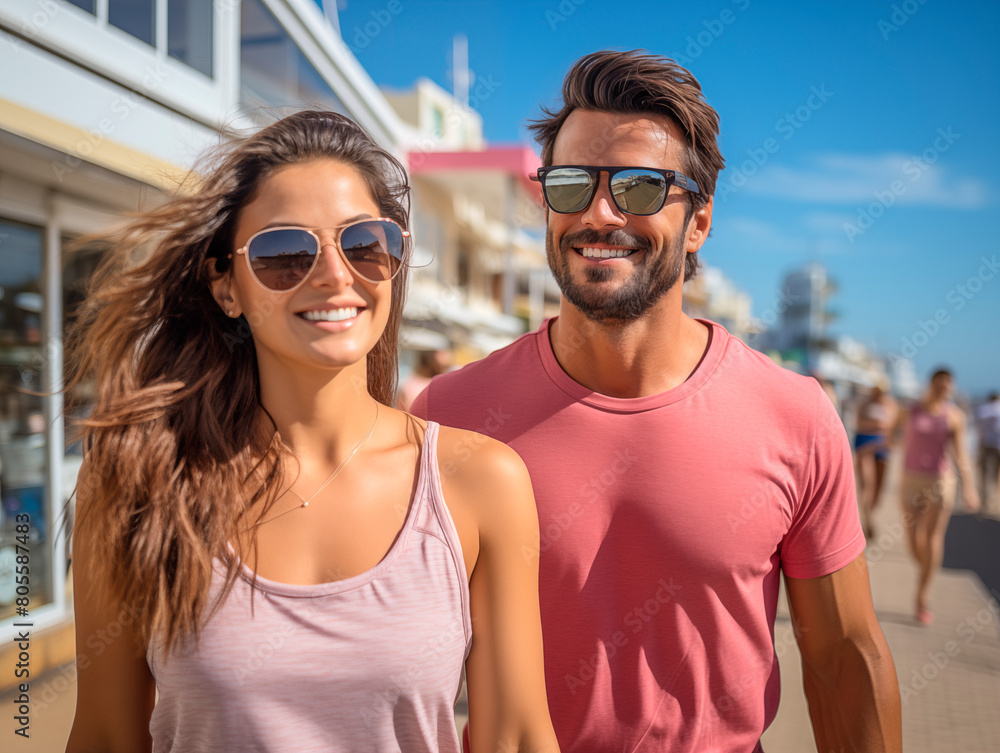 Attractive couple strolling in the city on the beach on a beautiful summer day. Handsome man and woman walking happily and smiling on a beautiful sunny day. Attractive couple strolling in the city on the beach on a beautiful summer day. Handsome man and woman walking happily and smiling on a beautiful sunny day.