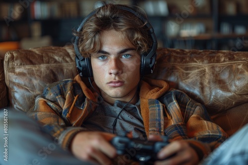 A young male gamer is fully engaged while playing a video game, wearing large headphones and holding a controller