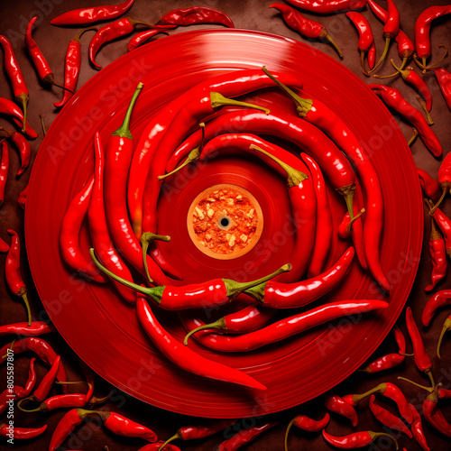 conceptual photo of a vinyl record with many red peppers