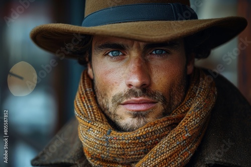 Stark close-up of a man's face with deep blue eyes, wearing a hat and scarf, reminiscent of classic film characters