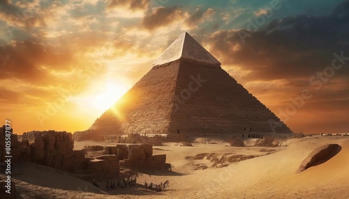 egyptian pyramid in sand desert at sunset the ruins of an ancient temple generative ai