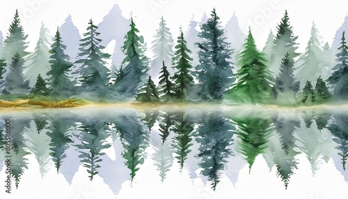 seamless pattern with foggy spruce forest reflected in a river watercolor fir trees isolated on white background