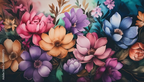 colorful flowers painting floral background watercolor illustration