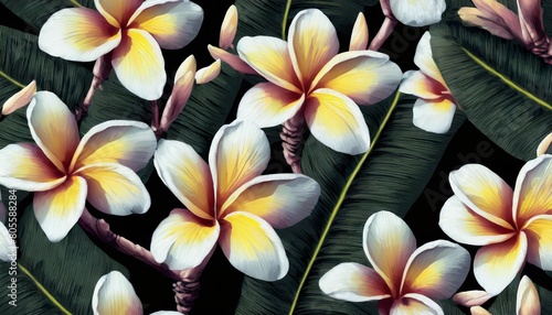 frangipani tiare monoi tropical flower seamless background for summer sticker print card poster eco bag and garment photo