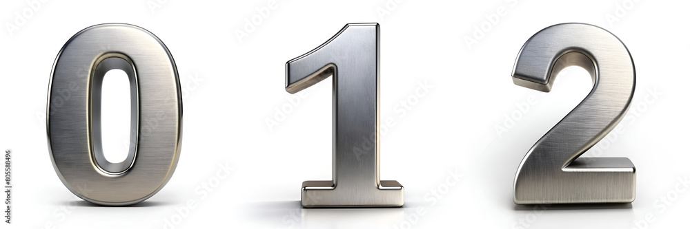 Numbers 0, 1, 2. Realistic Metal Alphabet Isolated on White Background. Numbers 0, 1, 2. Realistic Metal Alphabet Isolated on White Background.